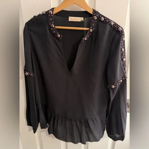 Tory Burch Black Blouse Mezair 100%Silk Tunic 
Women’s Size:8 - Picture 2 of 10